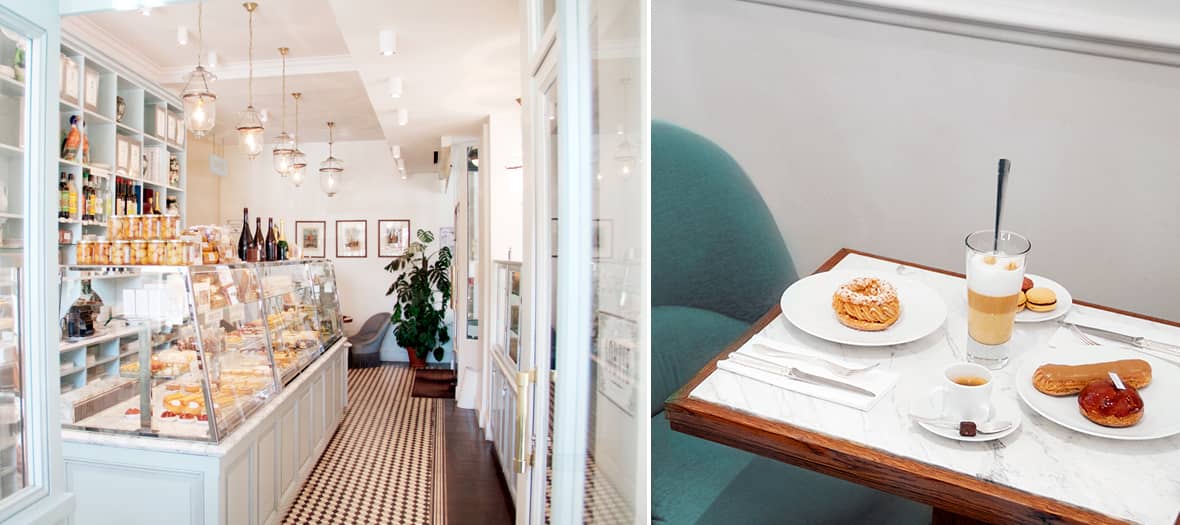 Salon de thé Sébastien Gaudard à Paris avec vitrine de pâtisseries artisanales, éclairs et Paris-Brest maison.