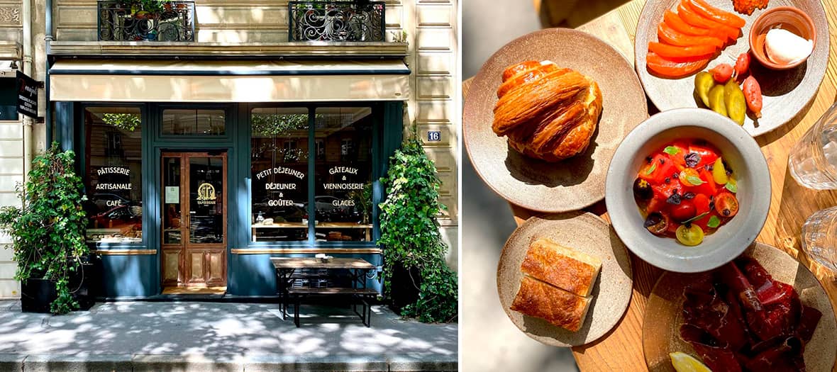 Tapisserie, salon de thé parisien moderne avec gâteaux, viennoiseries et assiettes colorées à la lumière du jour.