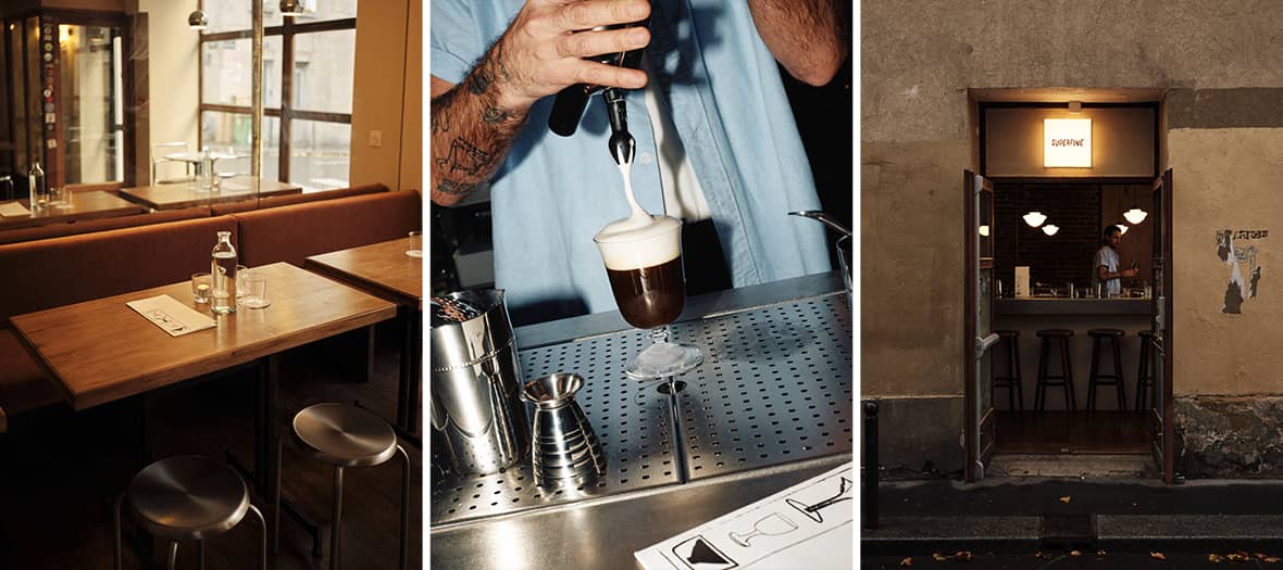 Intérieur du bar Superfine à Paris, préparation d’un cocktail crémeux au comptoir et vue de la façade du dive bar.