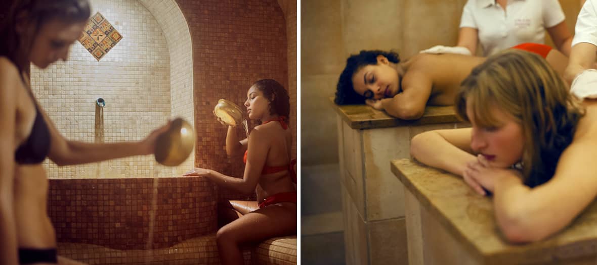 Rituel hammam Ô-Kari à Paris avec gommage oriental et massage relaxant en cabine chaude.