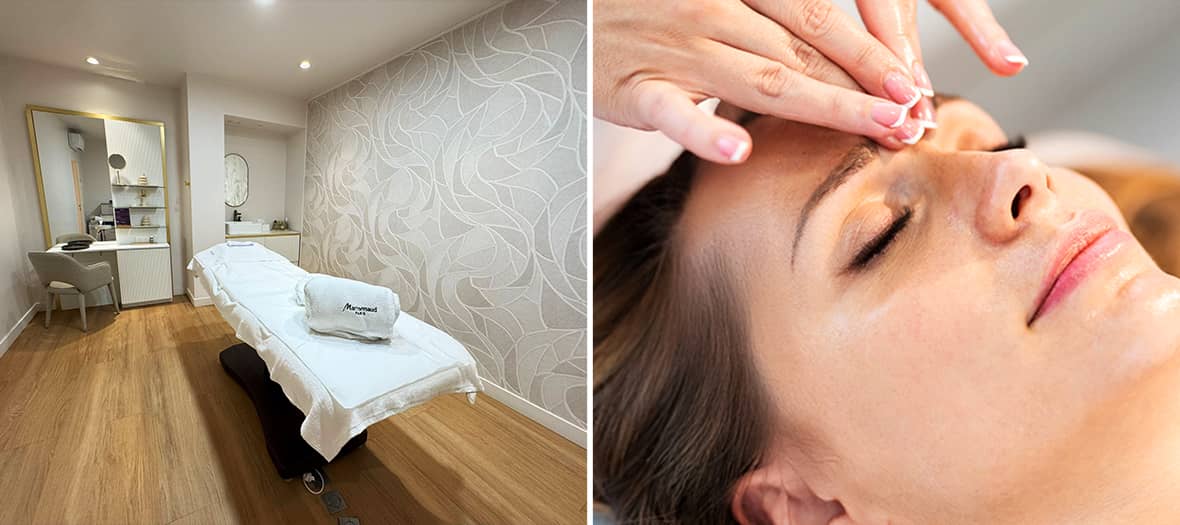 Cabine de soin et massage visage kobido anti-âge à Paris avec esthéticienne effectuant un lifting manuel.