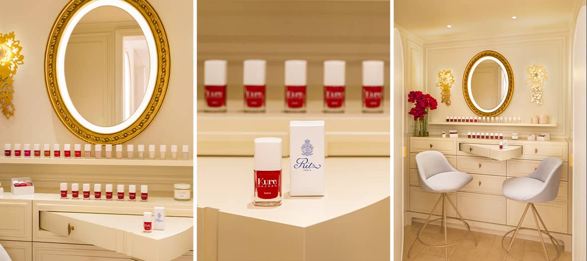 Nail bar du Ritz Paris avec décor raffiné, vernis rouges Kure Bazaar alignés, miroir doré élégant et fauteuils cosy pour une manucure de luxe.