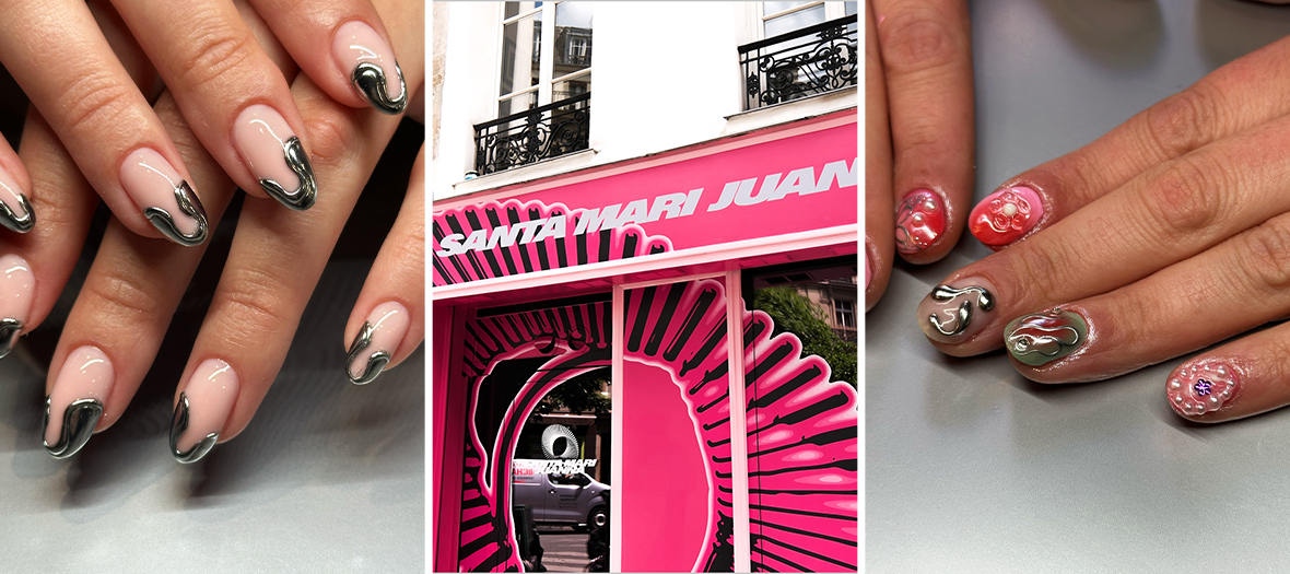 Nail art futuriste au Santa Mari Juanna à Paris, ongles décorés de motifs chromés en 3D, façade rose pop du salon au style original et audacieux.