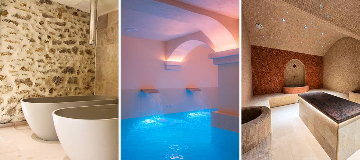 Espaces bien-être du spa O’Kari à Paris dans le Marais, avec hammam, bassin lumineux et bains modernes pour une expérience de détente de luxe.