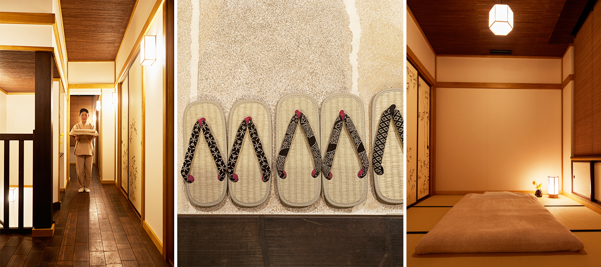 Intérieur du spa japonais Suisen à Paris avec couloir en bois, sandales traditionnelles et salle de massage sur tatami pour soins shiatsu.