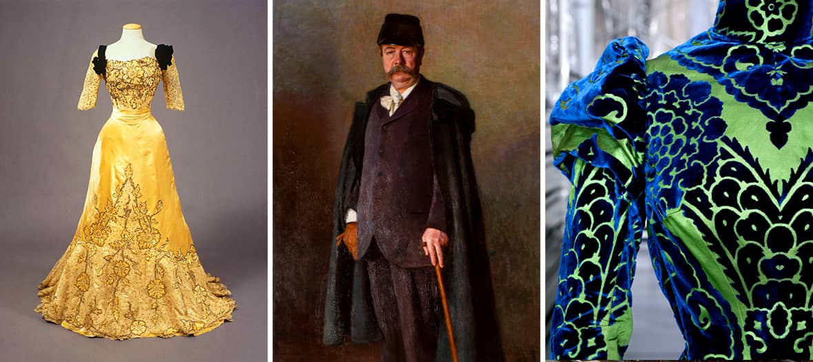 Trois pièces emblématiques de l’exposition Worth au Petit Palais : robe haute couture dorée, portrait de Charles Frederick Worth et détail d’un tissu en velours bleu et vert.