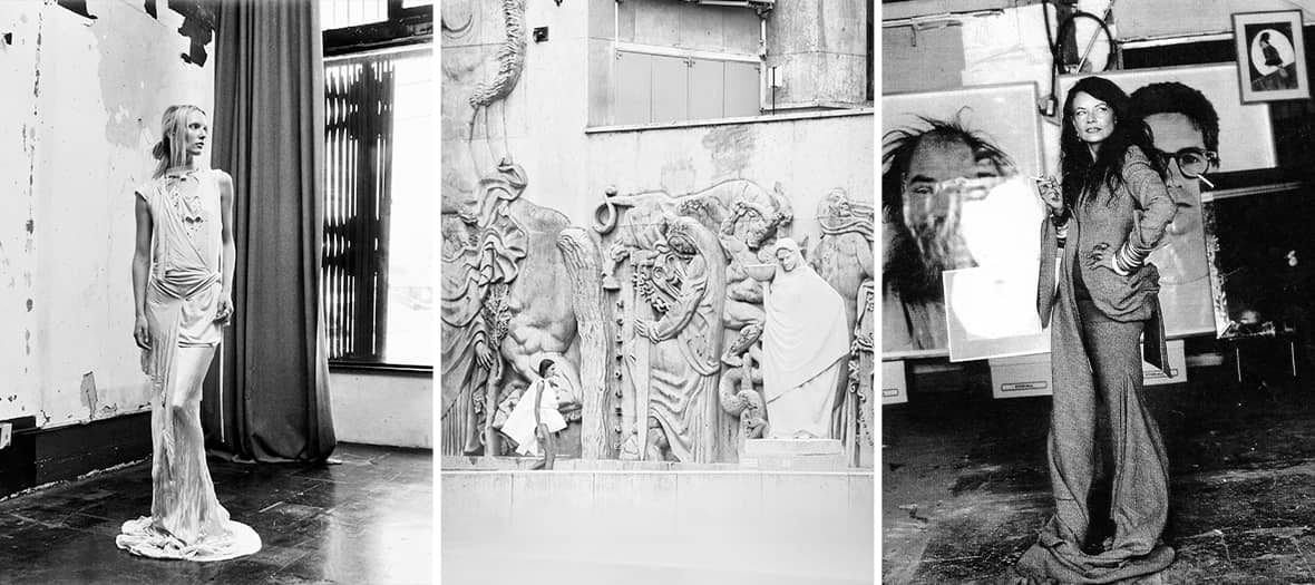 Vue de silhouettes et archives de Rick Owens exposées au Palais Galliera dans une scénographie brute et artistique.