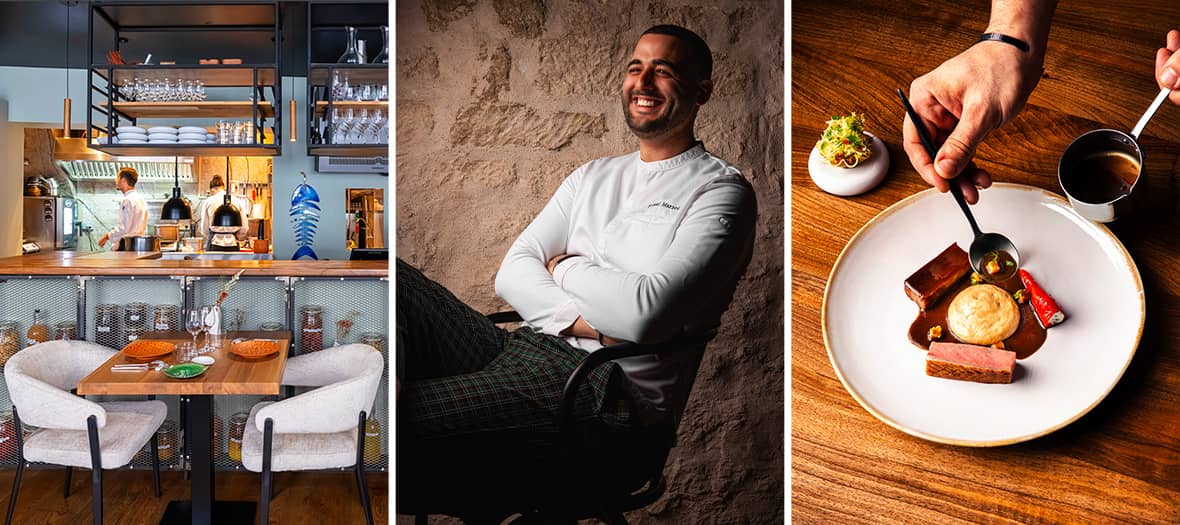 Intérieur chaleureux du restaurant Aldehyde à Paris avec son chef Youssef Marzouk en salle et un plat gastronomique soigneusement dressé.