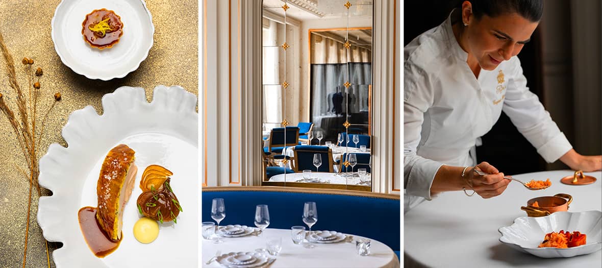 Cuisine étoilée du restaurant L’Espadon au Ritz Paris, avec la cheffe Eugénie Béziat en pleine préparation d’un plat raffiné.