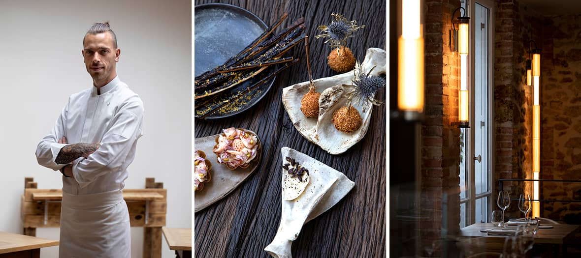 Assortiment de bouchées gastronomiques sur vaisselle organique au restaurant Géosmine à Paris, avec le chef Maxime Bouttier.