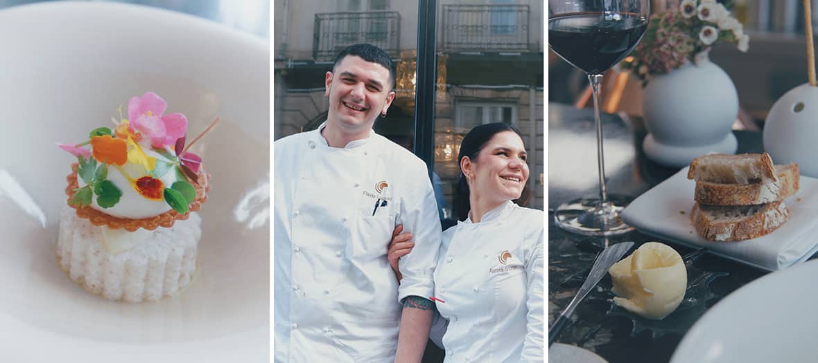 Ambiance bistronomique moderne au restaurant Hémicycle à Paris, avec les chefs Aurora Storari et Francesco Martella souriants devant l’établissement.