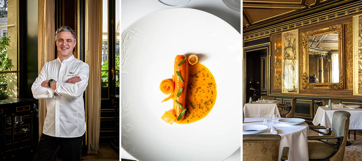 Salle élégante du restaurant Le Gabriel à La Réserve Paris, avec le chef Jérôme Banctel et un plat gastronomique à base de carotte en vedette.