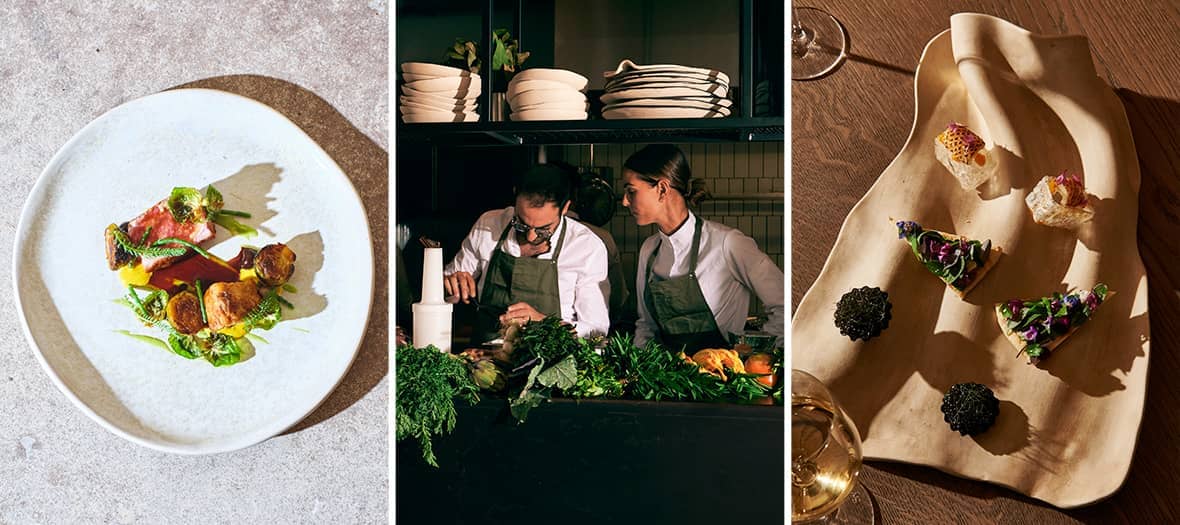 Cuisine végétale et colorée du restaurant Nhome à Paris, avec les chefs engagés dans la préparation de plats durables et créatifs.