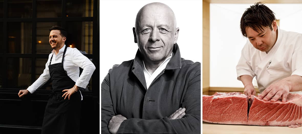 Portraits des chefs Thierry Marx, Thomas Danigo et Tomoyuki Yoshinaga qui prépare un thon rouge dans un restaurant gastronomique étoilé de Paris.