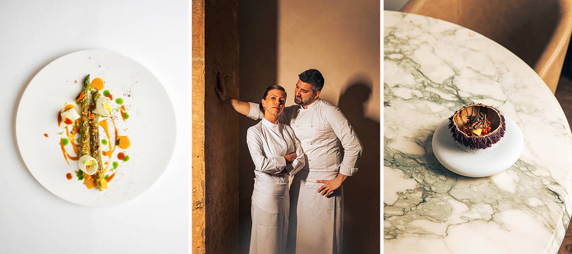 Les chefs du restaurant Amalia à Paris avec présentation de plats étoilés et décoration élégante en marbre.