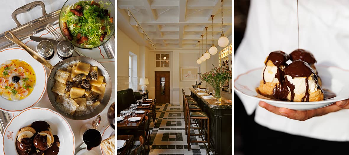 Menu gourmand avec ravioles aux morilles, salade lyonnaise et profiteroles au chocolat chez Émile.