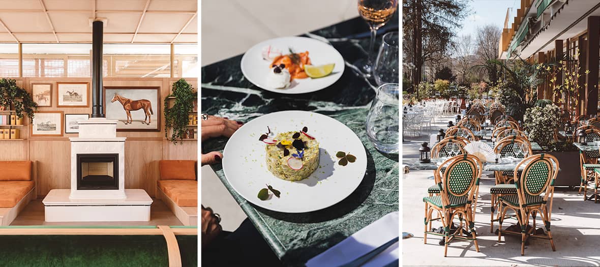 Terrasse au cœur de la verdure, tartare végétarien et cadre chic de la brasserie Paris Longchamp.