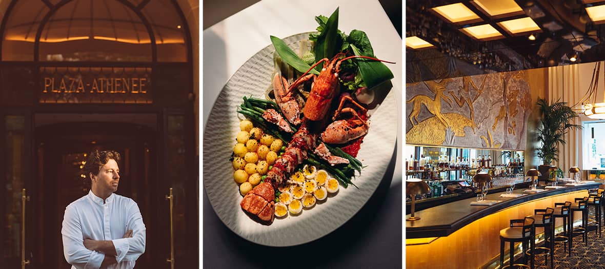 Chef du Plaza Athénée Jean Imbert à Paris devant l'entrée de l'hôtel, plat gastronomique au homard et vue du bar chic de la brasserie.