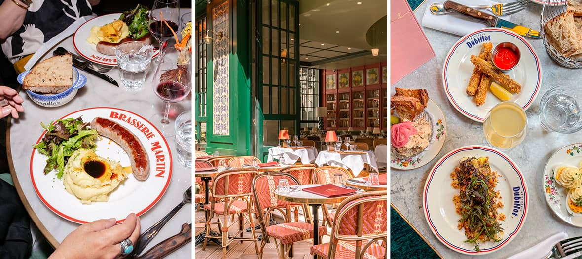 Assiettes typiques et ambiance chaleureuse dans trois brasseries de la Nouvelle Garde à Paris : Brasserie Martin, Restaurant de l'Hôtel Le Grand Mazarin, et Dubillot.
