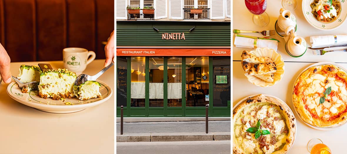 Pizzas and pistachio cheesecake at Italian restaurant Ninetta in Paris