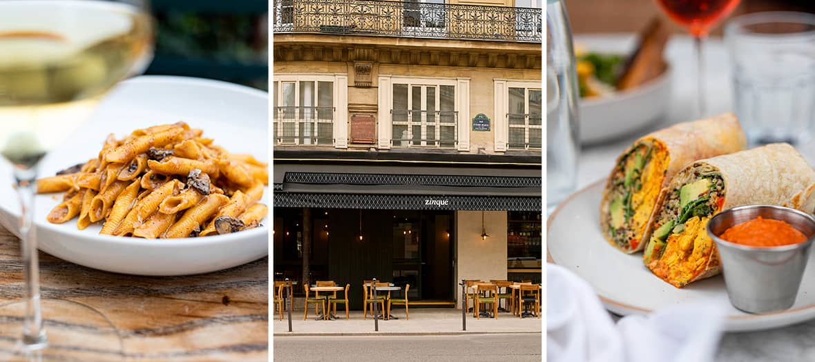 Pâtes aux truffes et wrap végétarien servis au restaurant Zinque à Paris