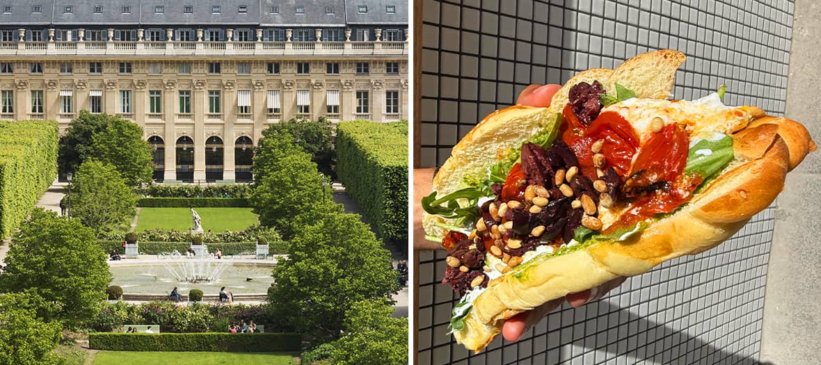 Vue sur le jardin du Palais-Royal à Paris, cadre idéal pour savourer un sandwich méditerranéen au soleil entre les allées de tilleuls.