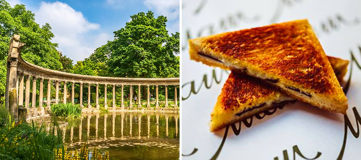 Temple romantique et bassin du parc Monceau à Paris, accompagné d’un croque-monsieur sucré au chocolat pour un pique-nique chic.