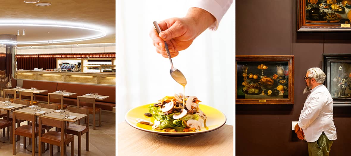 Intérieur design du restaurant du musée des Arts décoratifs, dressage gastronomique d’un plat végétarien et chef observant des natures mortes au musée du Louvre.