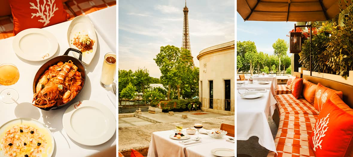 Terrasse du restaurant Le Corail au Palais de Tokyo avec vue sur la Tour Eiffel et plats gastronomiques de la mer.