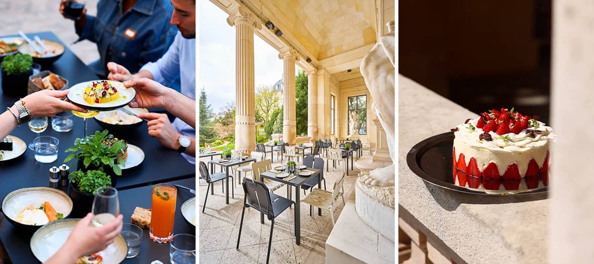 Terrasse élégante et assiettes créatives du restaurant Petites Mains dans les jardins du Palais Galliera à Paris.