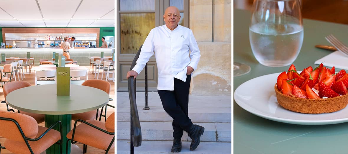 Intérieur du restaurant Reséda au Grand Palais à Paris, portrait du chef Thierry Marx et tarte aux fraises sur table élégante