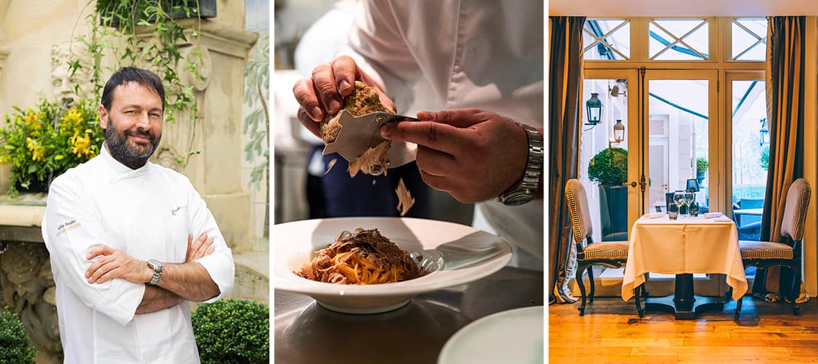 le chef &eacute;toil&eacute; Ugo Alciati devant le restaurant Assaggio &agrave; Paris, plat de p&acirc;tes aux truffes blanches en pr&eacute;paration et salle &eacute;l&eacute;gante du restaurant.