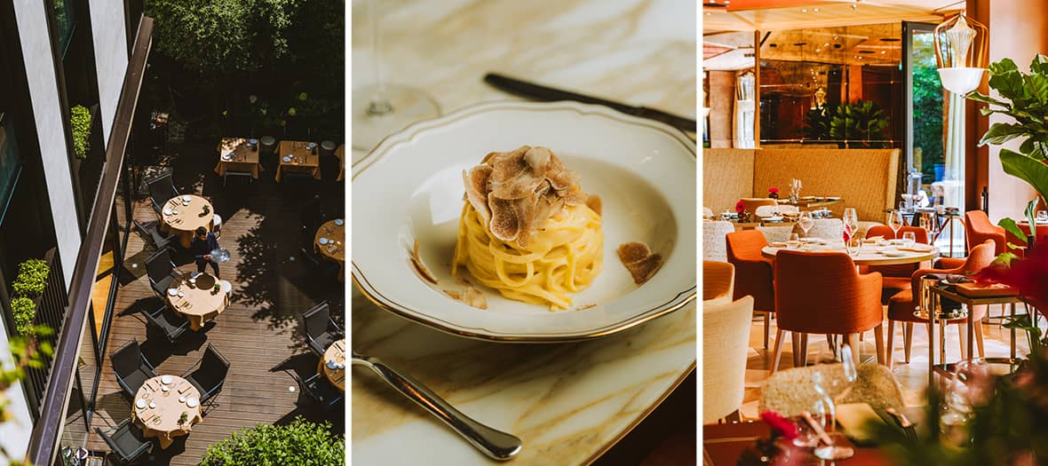 Terrasse du restaurant du Bulgari Hotel Paris, tagliolini &agrave; la truffe blanche et salle de restaurant contemporaine.