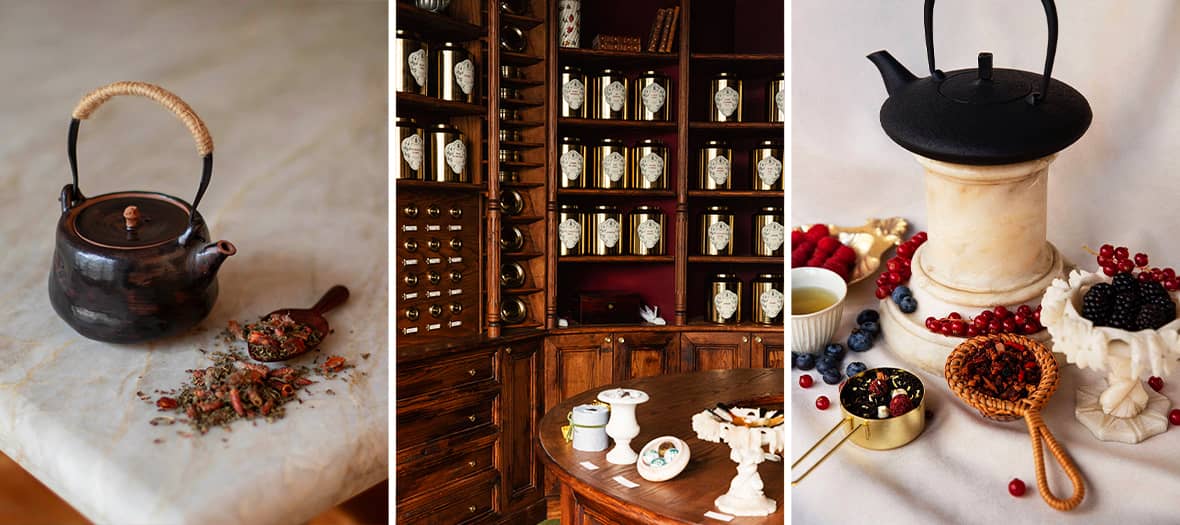 Conservatoire du thé à Paris avec théières, mélanges de thé en vrac et décor en bois traditionnel.