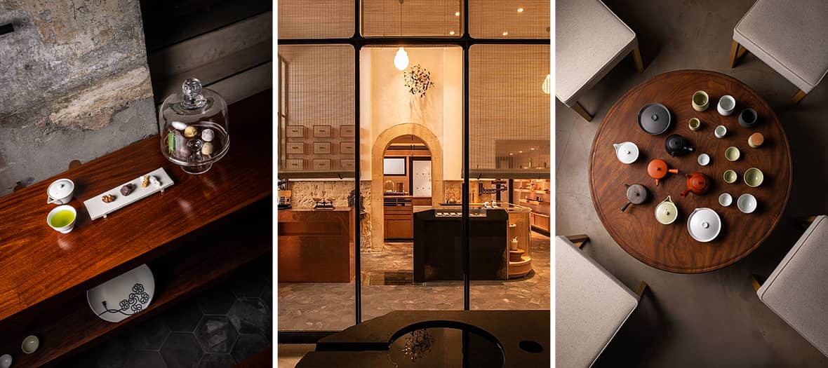 Espace Ogata à Paris, dédié au thé japonais, avec ustensiles traditionnels et ambiance zen.