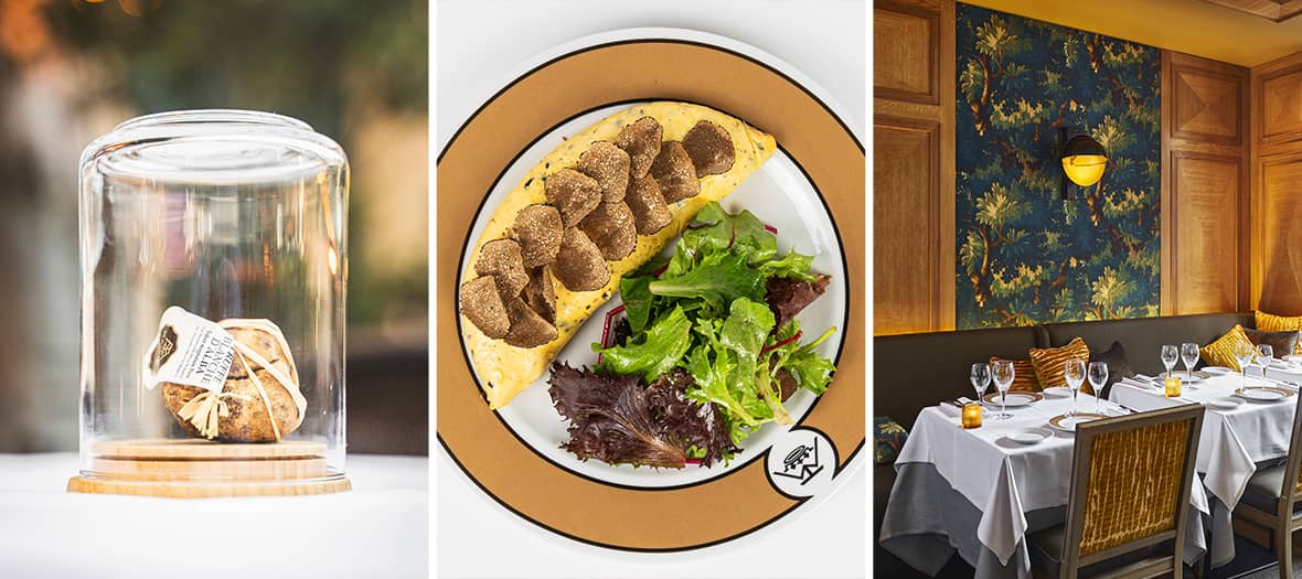 Truffes sous cloche, omelette garnie de truffe noire et salle de restaurant de la Maison de la Truffe &agrave; Paris.