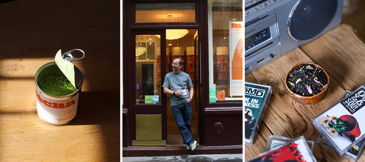 Boutiques et maisons de thé à Paris avec différents thés en vrac, accessoires et mises en scène modernes.