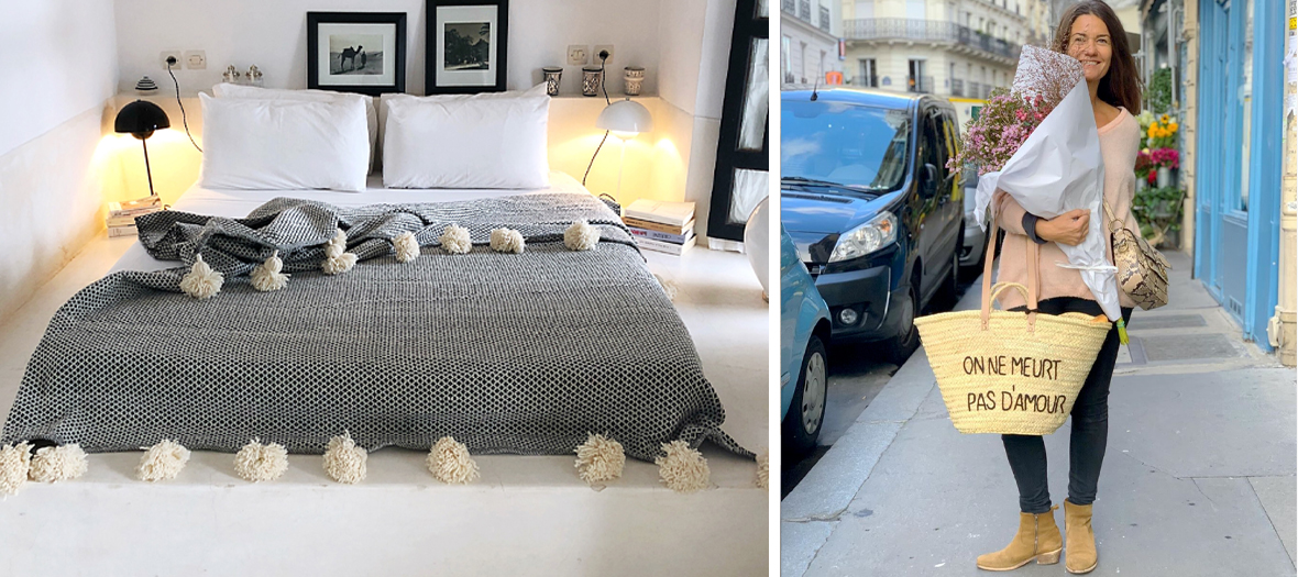 Géraldine Dormoy devant M. Concept Store à Paris, portant un panier en osier avec la citation « On ne meurt pas d'amour ».