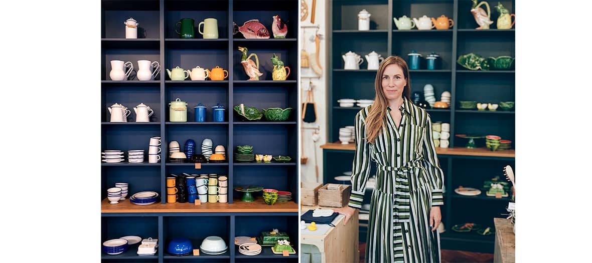 Intérieur de la boutique Landline à Paris avec vaisselle design, objets déco et la fondatrice du lieu, Caroline Morrison.