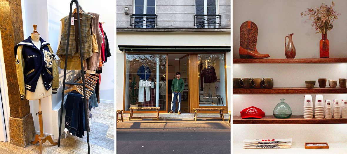 Devanture de la boutique vintage KIS à Paris avec vêtements rétro et pièces rares