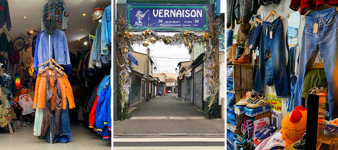 Intérieur de la boutique A Vintage Touch Paris aux puces de Saint-Ouen, spécialisée dans les jeans vintage