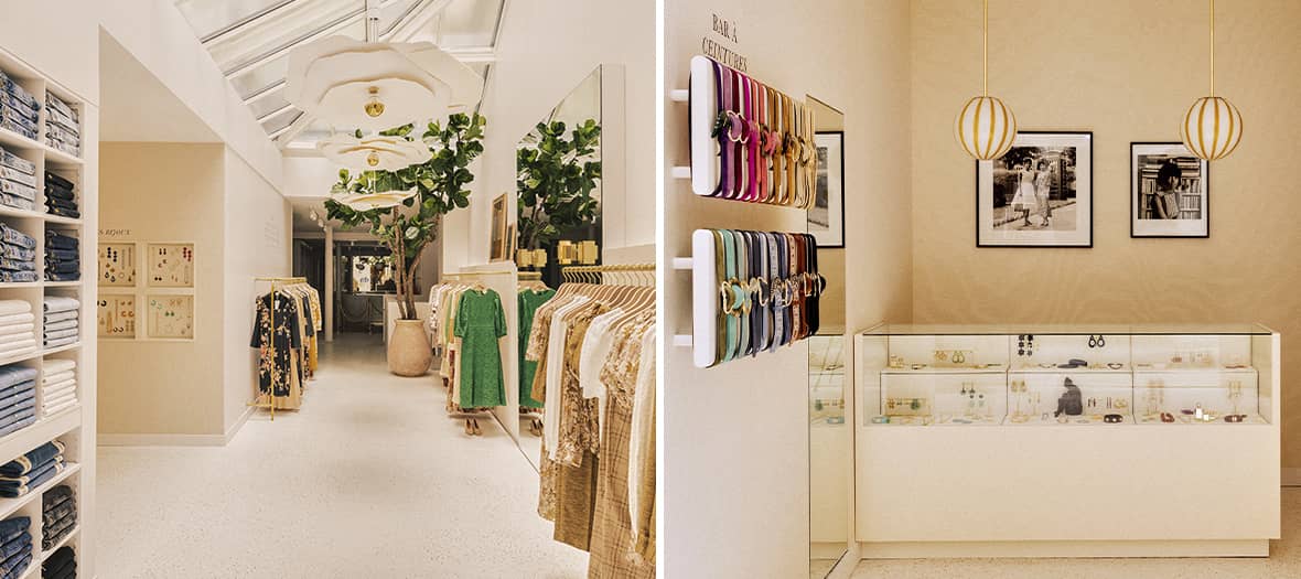 Présentation de la collection Sézane : robes colorées, ceintures et bijoux dans un concept-store élégant à Paris.