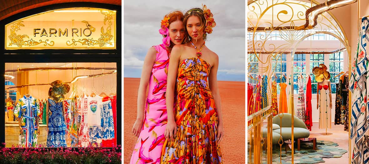 Collection Farm Rio à Paris avec robes imprimées aux motifs tropicaux, ambiance jungle brésilienne et décoration colorée de la boutique.