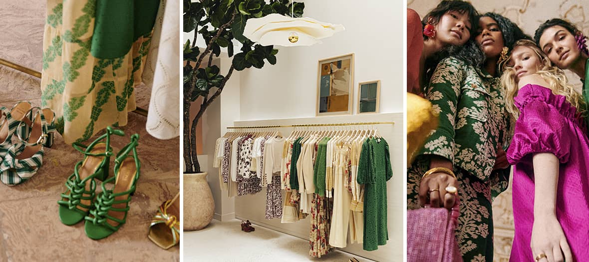Espace lumineux de la boutique Sézane dans le Marais à Paris avec robes, accessoires et décoration végétale.