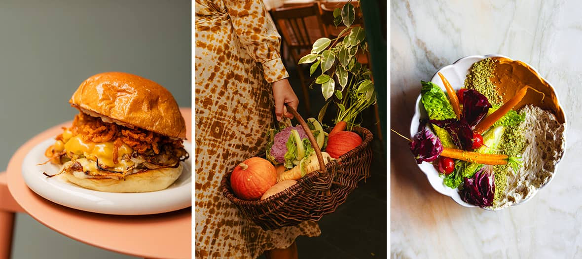 Burger végétarien au fromage, panier de légumes de saison et bol de houmous coloré, trio d’images illustrant la cuisine végétale à Paris.
