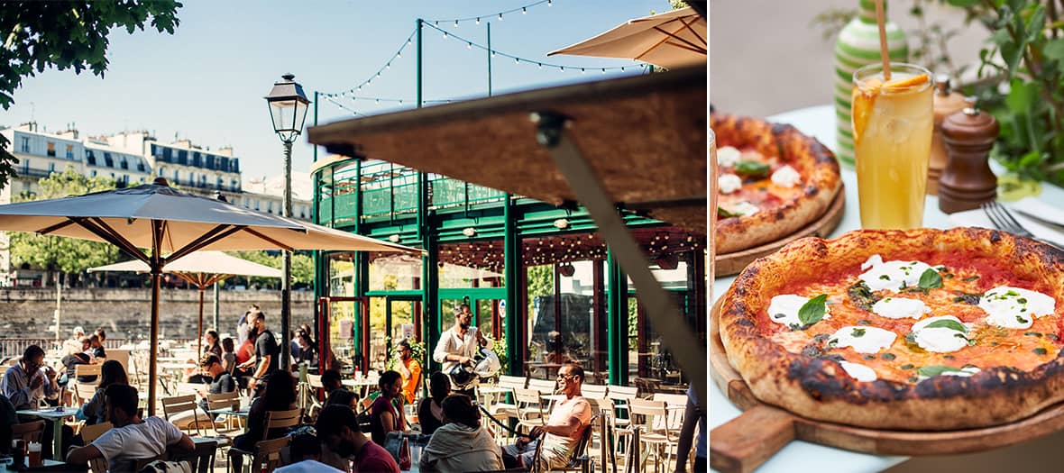 Terrasse ensoleillée du restaurant Le Grand Bleu à Paris avec ambiance guinguette, clients attablés en extérieur, pizzas artisanales et cocktail rafraîchissant, cadre estival au bord de l’eau.