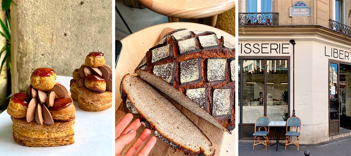 Pâtisseries créatives, pain au levain et façade de la boulangerie Liberté à Paris, rue des Vinaigriers.