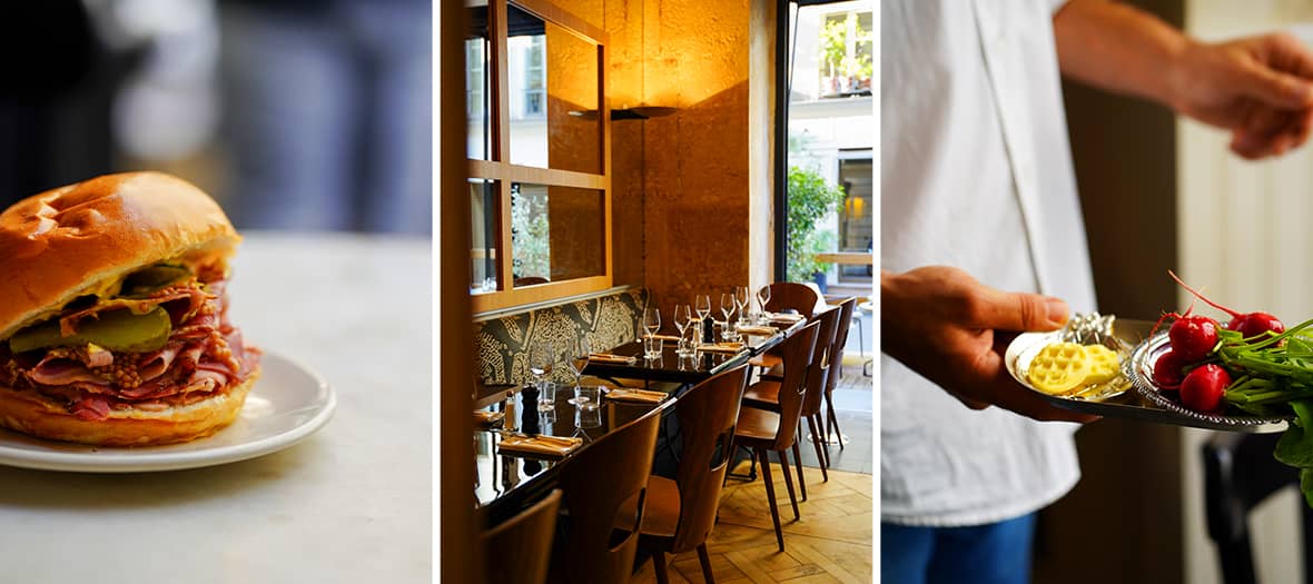 Intérieur du restaurant Le Sand Paris 1er : bar design, lumière chaude et ambiance conviviale