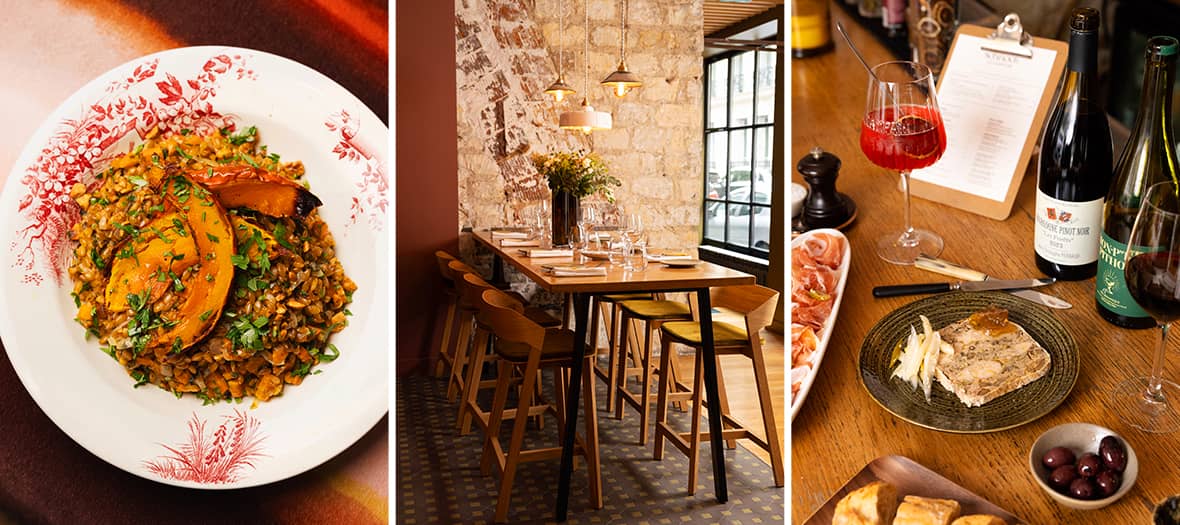 Intérieur du bistrot Schnock à Paris avec murs en pierre, tables en bois et ambiance chaleureuse dans le 17e arrondissement.