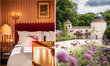 Piscine extérieure, chambre de luxe et entrée fleurie du Château de La Vallière, hôtel 5 étoiles en pleine nature.